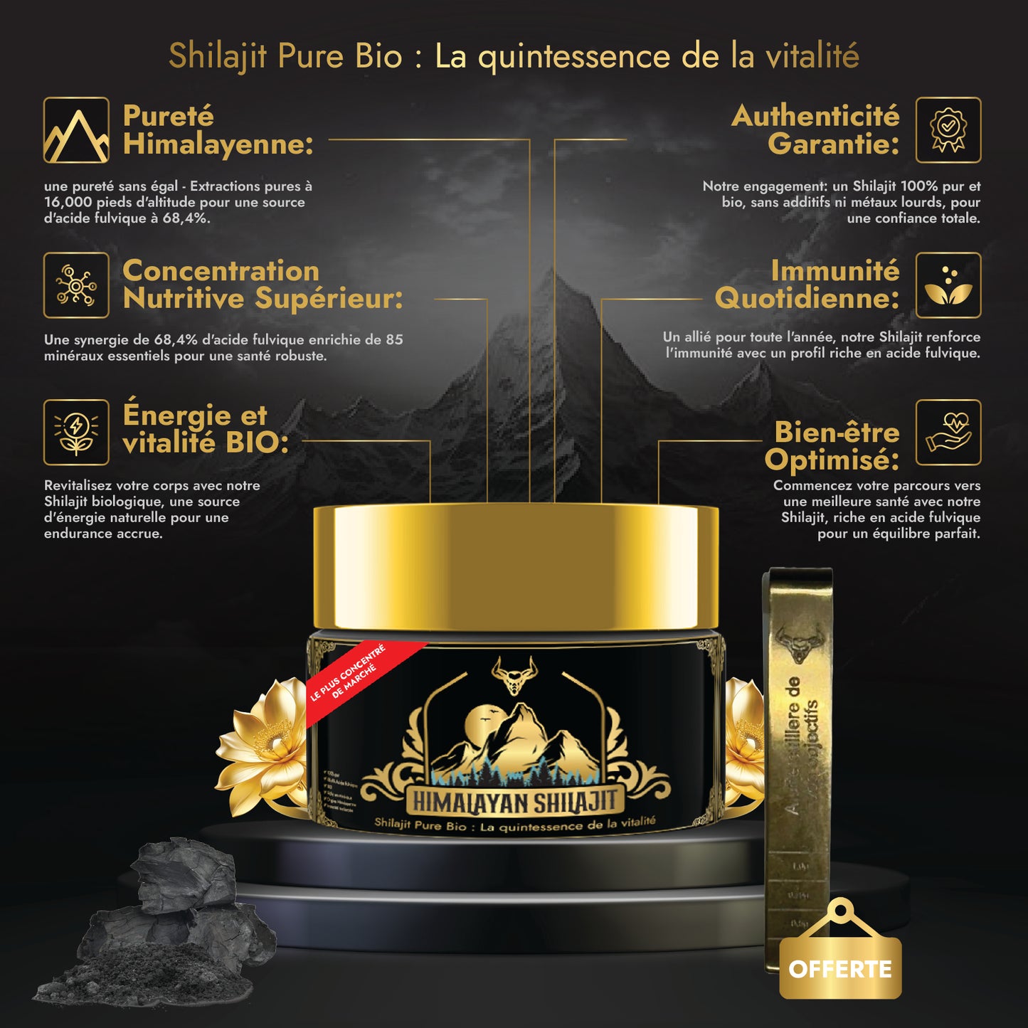 Shilajit avis: Shilajit d'Himalaya Pure Résine Bio Premium - 68.4% Acide Fulvique 12% d'Acide Humique