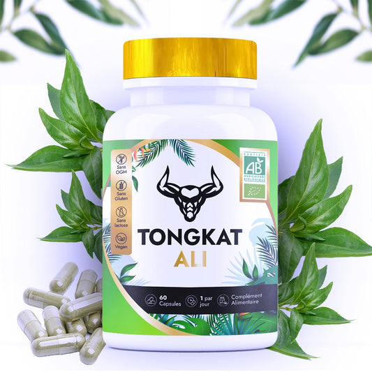 tongkat ali: Pot de complément alimentaire Tongkat Ali de 60 capsules, certifié bio, sans OGM, gluten, lactose, vegan, entouré de feuilles vertes avec capsules éparpillées sur fond blanc.